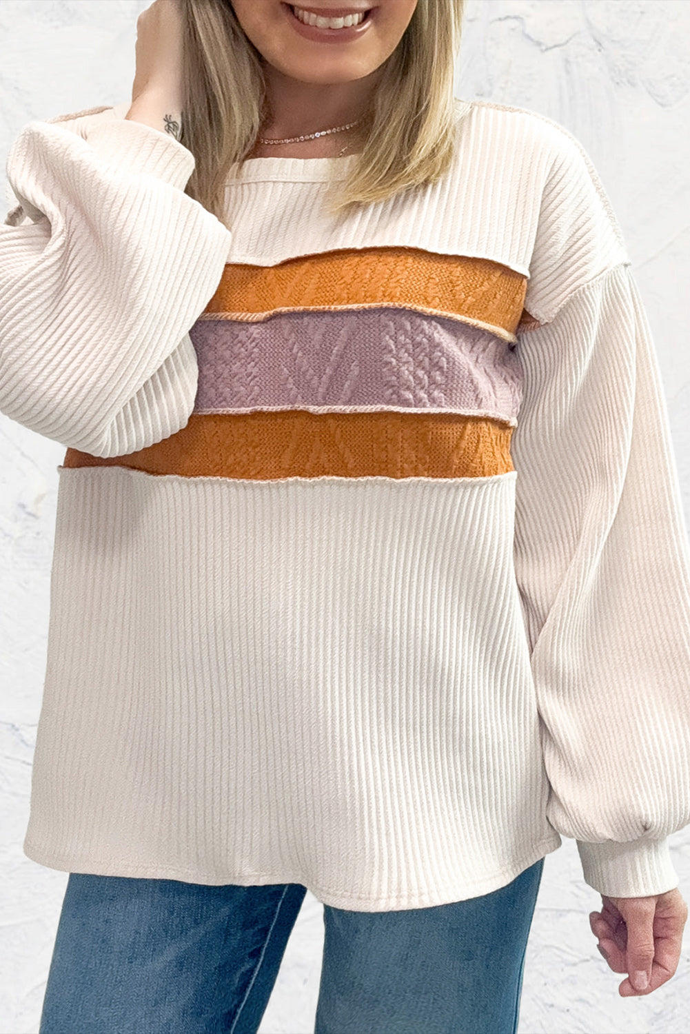 White Corded Exposed Seam Knit Patchwork Drop Sleeve Top