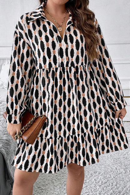 Apricot Geometric Print Collared V Neck Plus Size Mini Dress