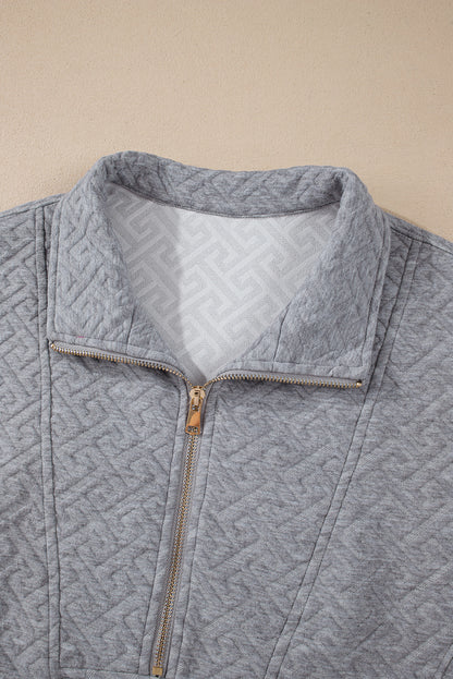 Gray Solid Textured Half Zipper Collared Sweatshirt