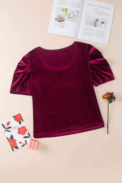 Burgundy Velvet Bubble Sleeve U Neck Plus Size Top