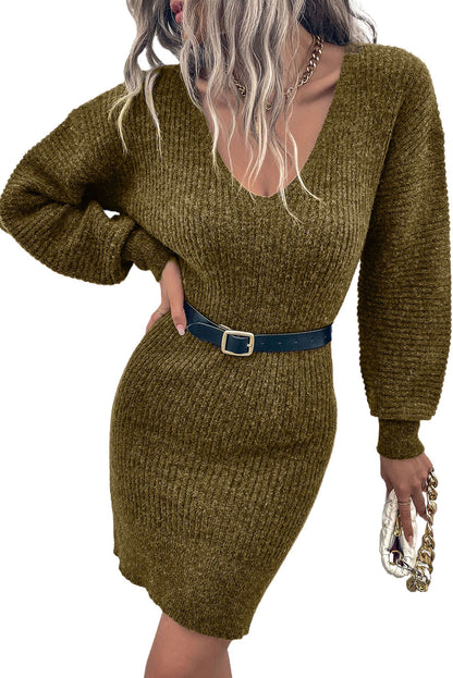 Green V Neck Bodycon Sweater Dress