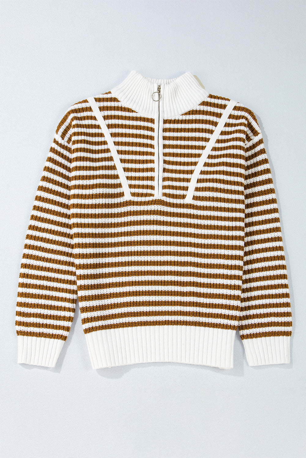 Khaki Stripe Zip up Collar Drop Shoulder Sweater