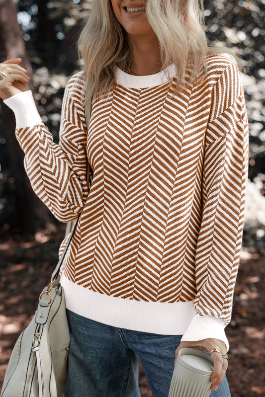 Coffee Contrast Edge Crew Neck Drop Shoulder Sweater