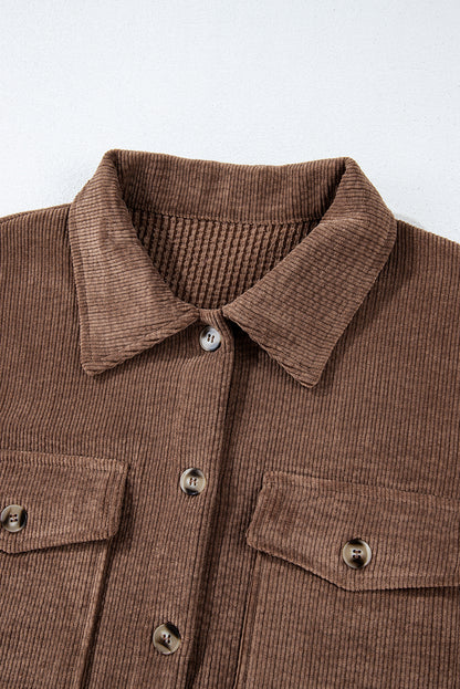 Chestnut Corduroy Flap Pocket Button Up Shacket