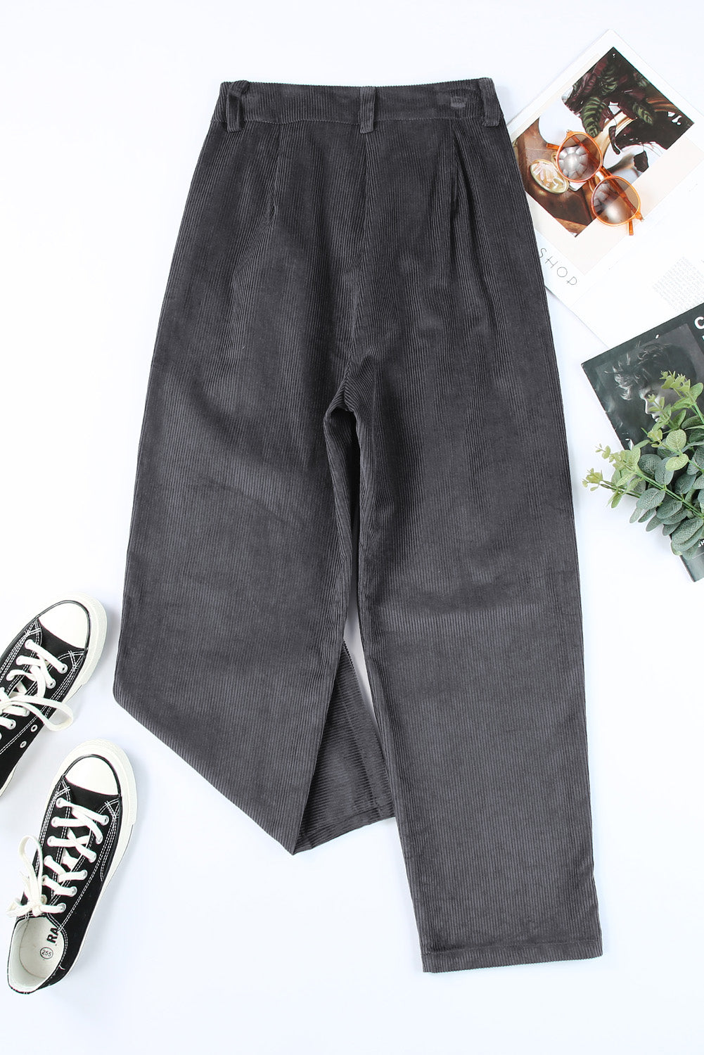 Gray Corduroy High Waist Straight Leg Pants