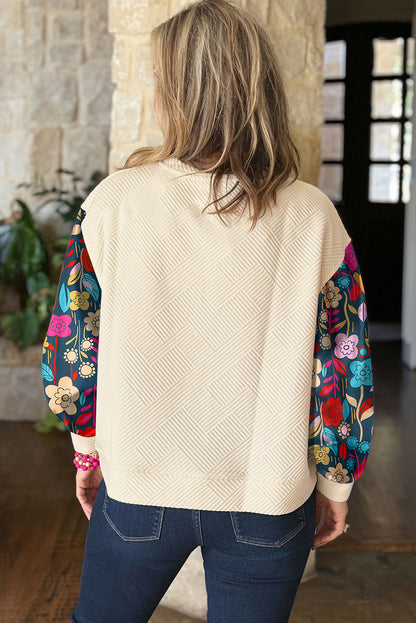 White Floral Patchwork Sleeve Textured Plus Size Pullover Top