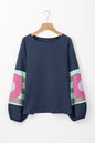 Sail Blue Flower Patchwork Raglan Sleeve Exposed Seam Oversized Top