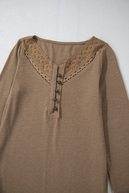 Chestnut Anglaise Broider Ribbed Long Sleeve Top