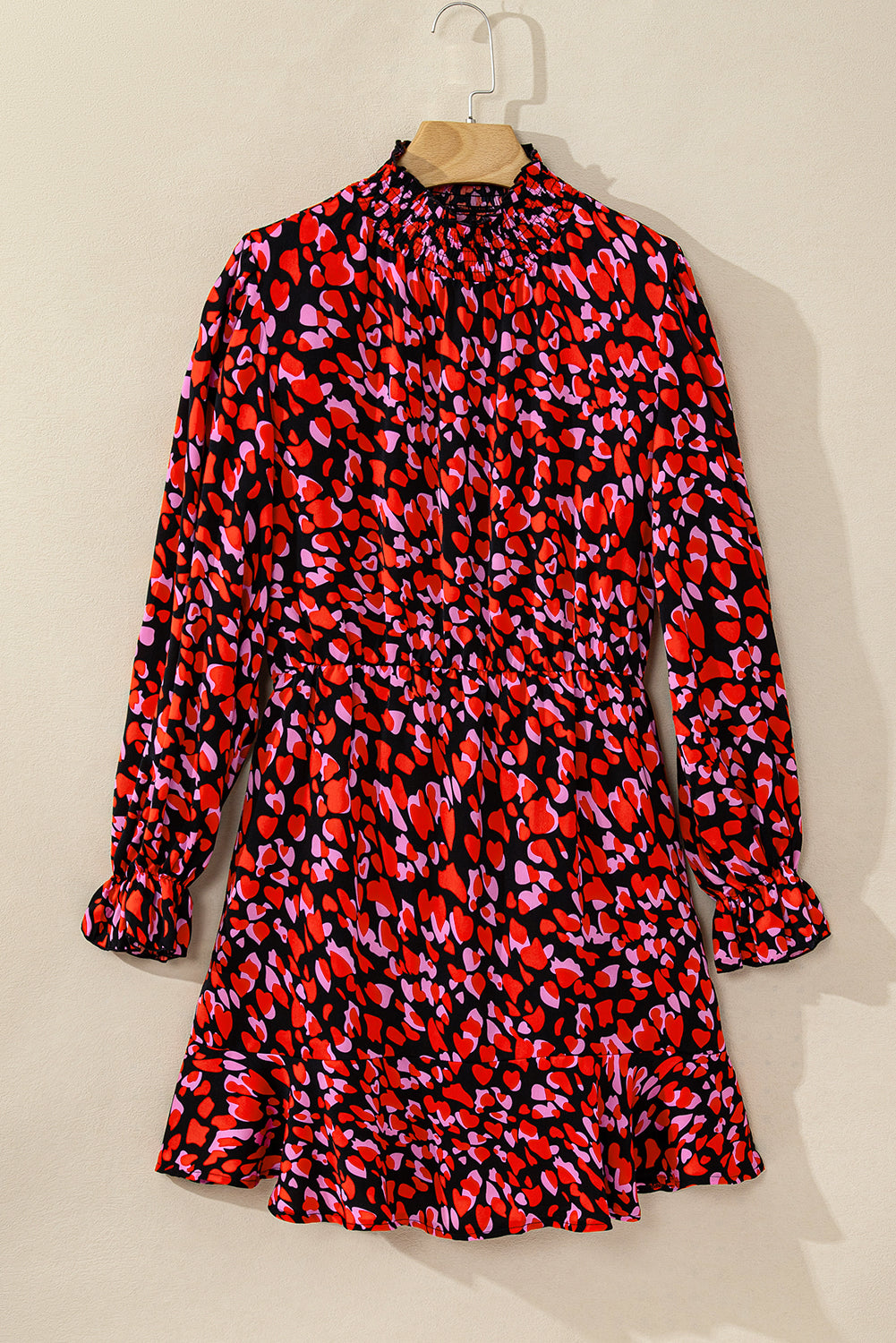 Red Valentines Day Heart Shape Print Long Sleeve Mini Dress