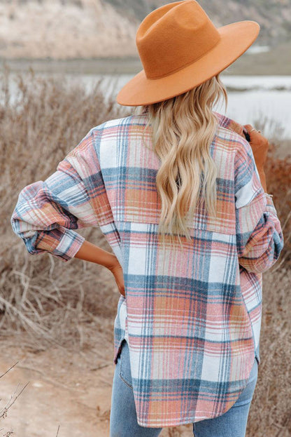 Pink Black/Pink Plaid Flap Pockets Shacket