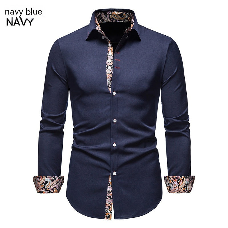 Men's Long-sleeved Shirt Lapel Slim-fit Assorted Colors Polyester Shirt