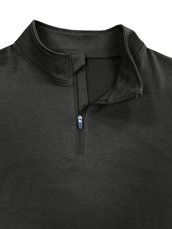 New Men's Long Sleeve Stand Collar Pullover Zip Polo Shirt