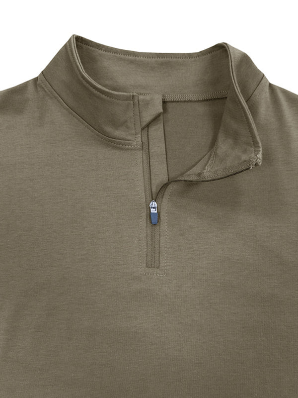 New Men's Long Sleeve Stand Collar Pullover Zip Polo Shirt