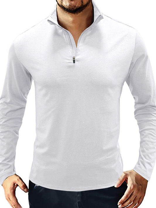 New Men's Long Sleeve Stand Collar Pullover Zip Polo Shirt