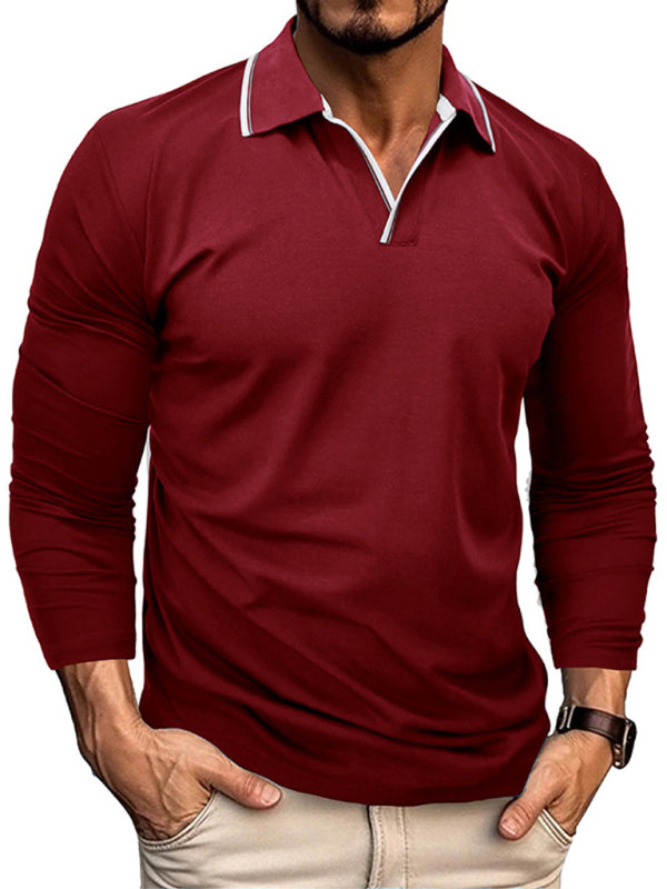 Men's new long-sleeved V-neck lapel contrasting color POLO shirt